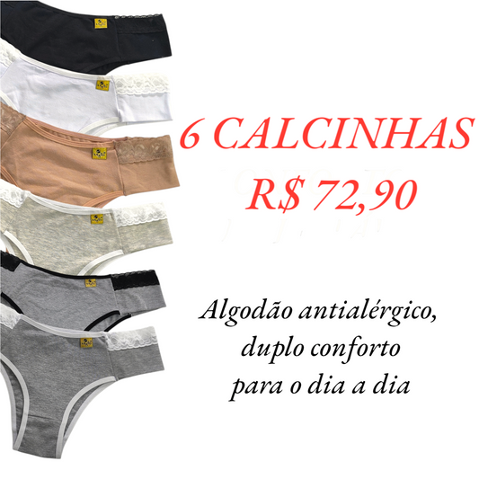 Kit com 6 Calcinhas de Algodão Antialérgicas