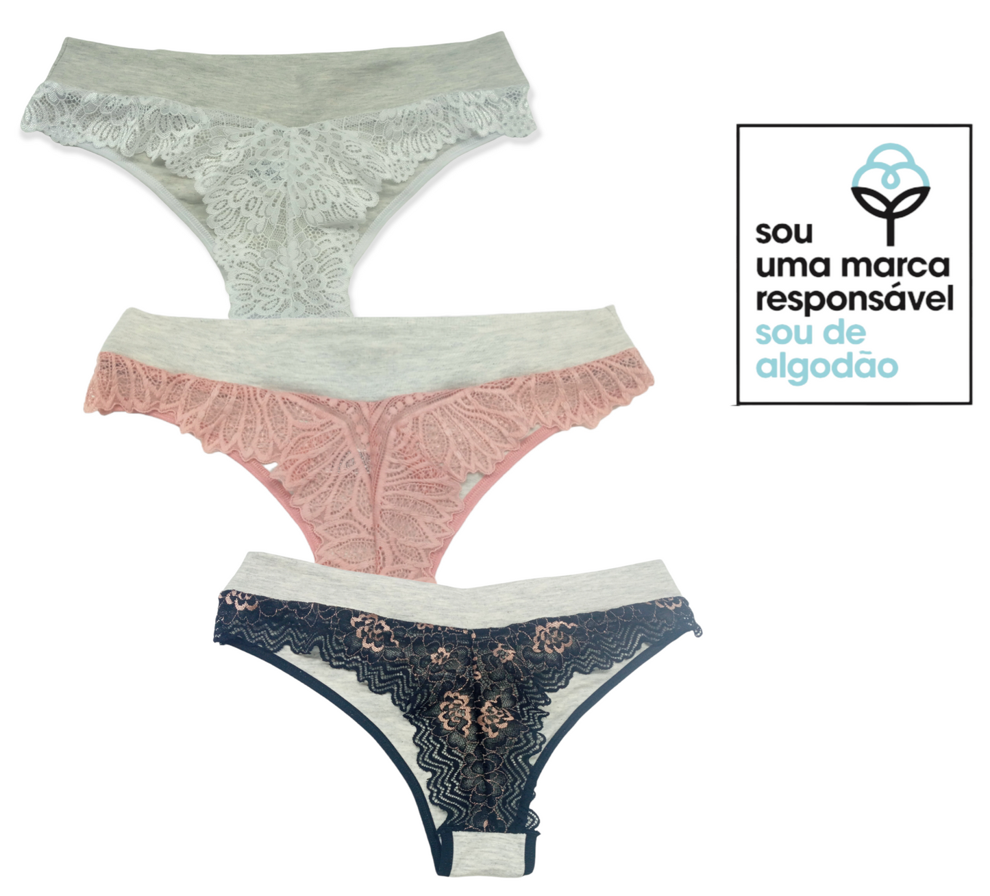 Kit 3 Calcinhas algodão natural  fio dental e renda | Mylla Lingerie