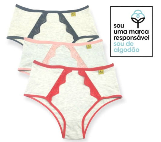Confortável kit 3 calcinhas de algodão cintura  altas anti alérgicas